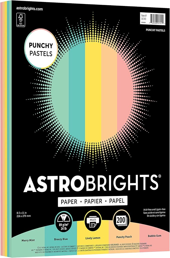 Astrobrights Punchy Pastel Paper Assortment, 8.5" x 11", 24 lb., 5-Color Assortment, 200 Sheets (91741)