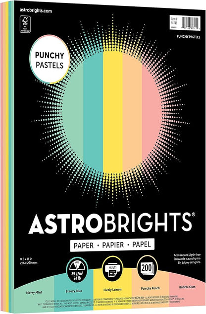 Astrobrights Punchy Pastel Paper Assortment, 8.5" x 11", 24 lb., 5-Color Assortment, 200 Sheets (91741)
