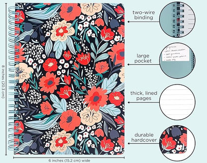Steel Mill & Co Cute Red/Blue Mini Spiral Notebook, 8.25" x 6.25" Journal with Durable Hardcover and 160 Lined Pages, Folk Floral