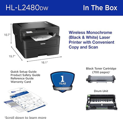 Brother HL-L2480DW Wireless Compact Monochrome Multi-Function Laser Printer with Copy and Scan, Duplex, Mobile, Black & White | Includes Refresh Subscription Trial(1), Amazon Dash Replenishment Ready