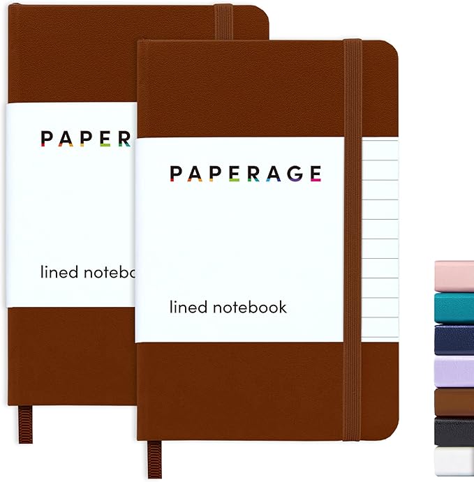 PAPERAGE Lined Pocket Journal Notebook, 2 Pack, (Cognac), 160 Pages, Small Notebook, 3.6 inches x 5.6 inches - 100 GSM Thick Paper, Hardcover