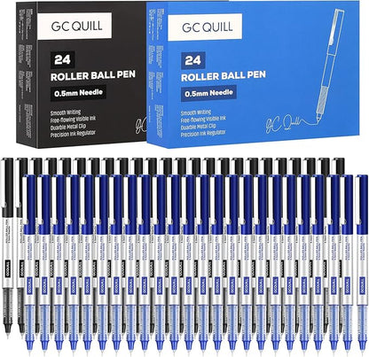 GC QUILL 48 Rollerball Pens 0.5mm Needle Point Black Liquid Ink Pens 24 and Blue Liquid Ink Pens 24 for Bullet Journaling, Office Supplies for Writing, Taking Notes & Sketching BKL48