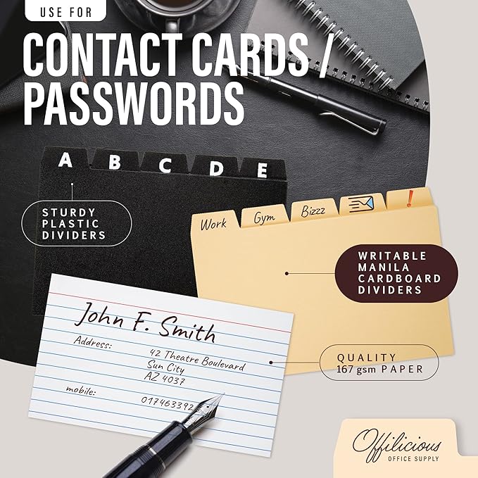 Index Card Holder/ Organizer Set – Heavy-Duty with Dividers – 100 Ruled Index Cards 3x5, 25 Manila & 25 Plastic Dividers, 72 Easy-Read Stickers & 5 Box Labels