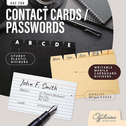 Index Card Holder/ Organizer Set – Heavy-Duty with Dividers – 100 Ruled Index Cards 3x5, 25 Manila & 25 Plastic Dividers, 72 Easy-Read Stickers & 5 Box Labels