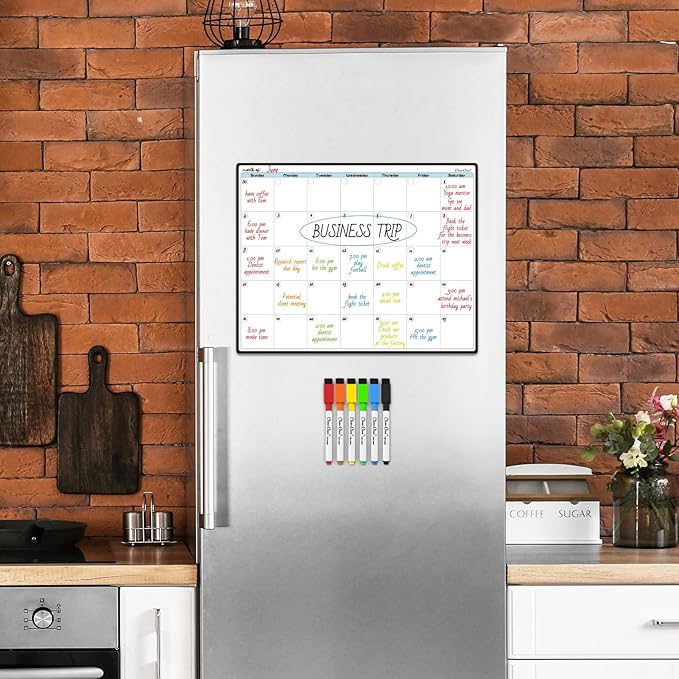 CLEVER CLEAN Magnetic Dry Erase Monthly Calendar - 14.25"x11.25" Monthly Calendar Board for Fridge - 6 Extra Fine Point Markers Included - Shipped Flat