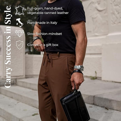 Time Resistance Leather Clutch for Men Organizer Wrist Bag Briefcase Handmade in Italy Gift Box Included
