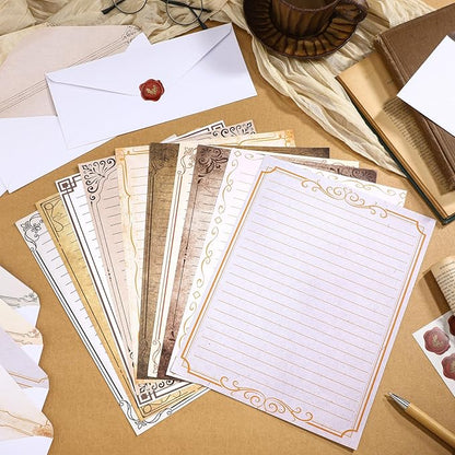 TaoBary 160 Packs Stationery Paper Set (50 Double Sided Stationery Writing Papers 50 Matching Envelopes) 60 Round Dot Sticker, 10 Design(Retro,8.5 x 11 Inch)