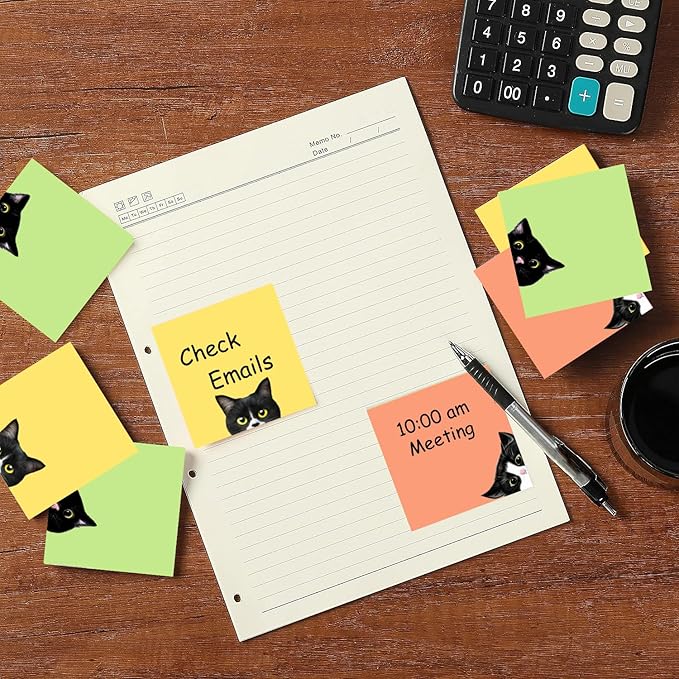 9 Pads Black Cat Sticky Notes Set, Pink Self-Stick Note Pads, Super Adhesive Memo Pads Cute Note Card for Cat Lover Gift, Teacher Office and School Supplies, 3x3in