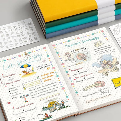 AHGXG Bullet Dotted Journal - Large A4 Notebook Dotted, 8.5''×11'', 320 Pages Dot Grid Notebook, 100gsm Thick Paper, Leather Softcover, with Journal Stencils, Inner Pocket - GrayBlue