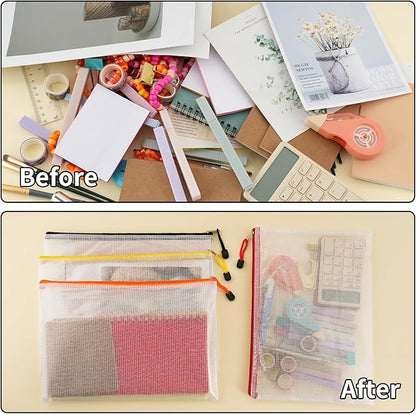EOOUT 72pcs Mesh Zipper Pouch, A4 Size, 12 Colors Zipper Bags for Organizing Storage, Waterproof Puzzle Bag, Zipper File Bags for Board Games and School Office Supplies