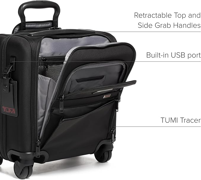 TUMI - Alpha Small Compact 4-Wheeled Briefcase - Laptop Briefcase - Rolling Suitcase with USB Ports - TUMI Tracer - Black
