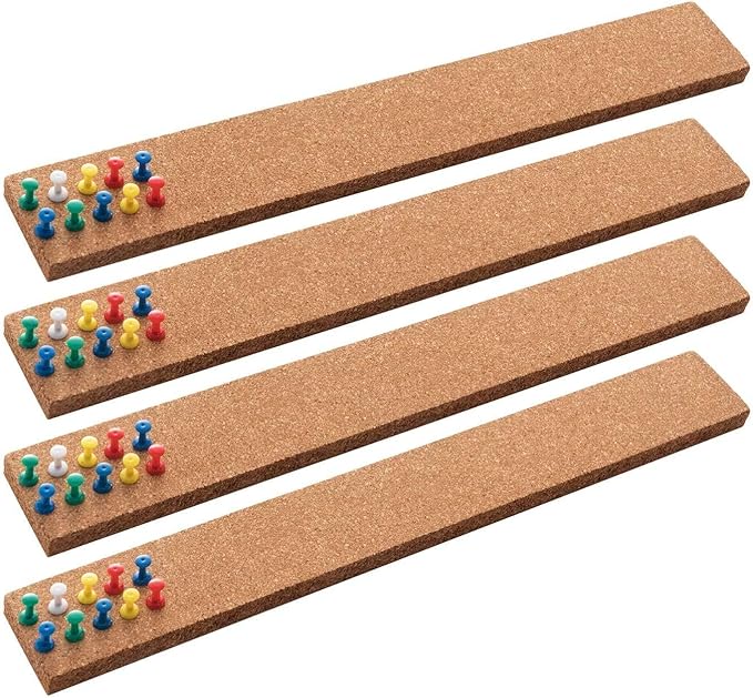 HBlife Cork Board Bulletin Board Bar Strip 15x2 Inch - 1/2 Inch Thick, Frameless Cork Board Strips with 50 Multi-Color Push Pins, Strong Self Adhesive Backing - 4 Pack
