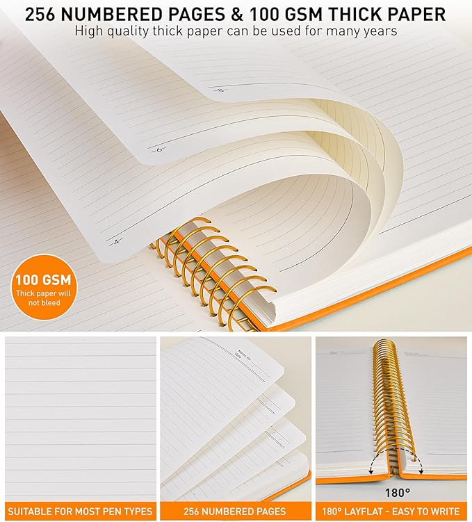 A4 Spiral Notebook Journal 8.5” x 11”, 256 Numbered Pages Hardcover Leather Journals for Women Men, Large Lined College Ruled Notebooks, 100GSM Thick Paper, Spiral Bound Journal for Work School Orange