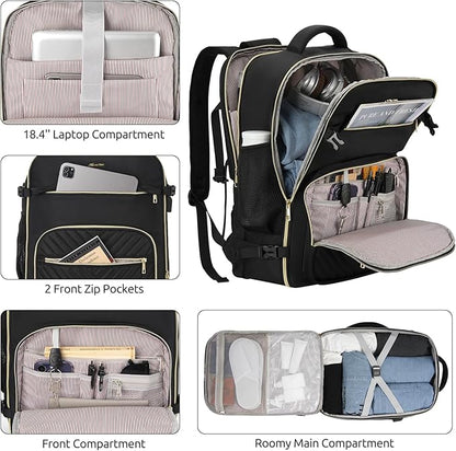 Travel Backpack for Women, Carry On Backpack for Airplanes Flight Approved, Waterproof Large Weekender Overnight Bag Fit 18.4 Inch Laptop with USB Charging Port, Black