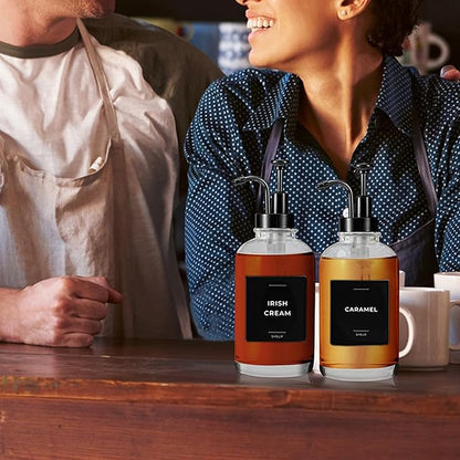 Coffee Syrup Labels for Bottles, Syrup Dispensers - 2.5" x 2.5" Waterproof & Durable PVC Stickers - Modern Coffee Bar Essentials for Home, Kitchen, Beverage Station - Minimalist Black, 22pcs