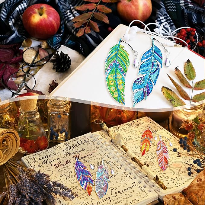 8 Pcs 5D Diamond Painting Bookmarks Kits DIY Feather Bookmark Diamond Art Bookmarks Crystal Shaped Diamond Feather Bookmark for Home Office Project
