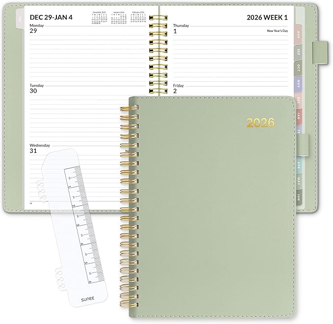 SUNEE 2026 Weekly & Monthly Planner 6.4"x8.5"- 12 Month (January 2026 - December 2026), Vegan Leather Cover, Pocket, Bookmark, Notes, Monthly Tab, Sage Green