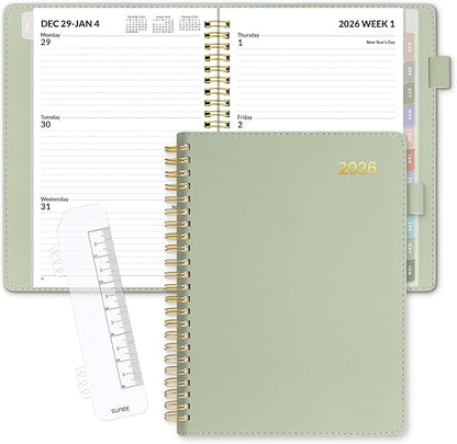 SUNEE 2026 Weekly & Monthly Planner 6.4"x8.5"- 12 Month (January 2026 - December 2026), Vegan Leather Cover, Pocket, Bookmark, Notes, Monthly Tab, Sage Green