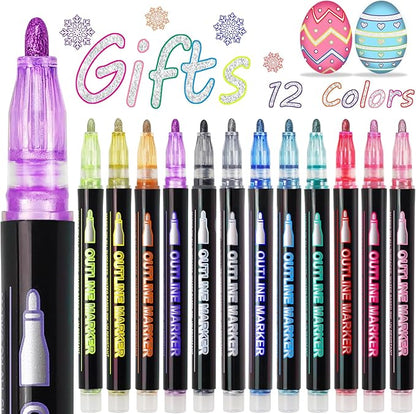 Shimmer Outline Markers Doodle Outline Pens:12 Glitter Pens Outliner Set Christmas Stocking Stuffers Tween Teen Girl Gifts Trendy Stuff Cute Arts Crafts Supplies Kids Ages 4 6 8 9 10 14 16 18 Year Old