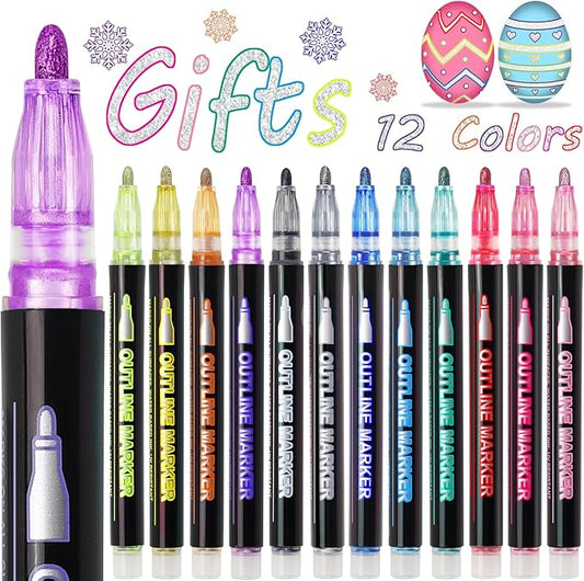 Shimmer Outline Markers Doodle Outline Pens:12 Glitter Pens Outliner Set Christmas Stocking Stuffers Tween Teen Girl Gifts Trendy Stuff Cute Arts Crafts Supplies Kids Ages 4 6 8 9 10 14 16 18 Year Old