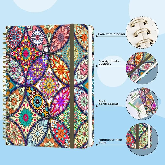 Spiral Notebook - A5 Spiral Notebooks, 8.3'' × 5.8'', 160 Pages, Aesthetic Journaling Notebooks for Women, College Lined Notebook with Elastic Closure, Back Pocket, for School Office, Bohemia