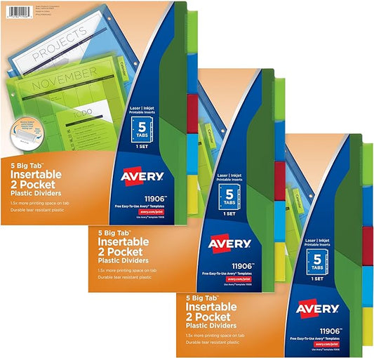 Avery Dividers for 3 Ring Binders, 5-Tab Sets, Two-Pocket Plastic Binder Dividers with Tabs, Multicolor, 3 Sets (71906)