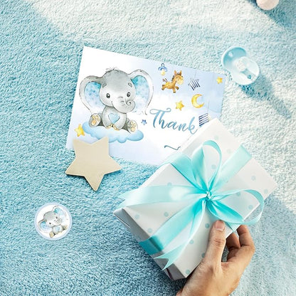 Whaline 24 Packs Elephant Thank You Cards Blue Baby Elephant Greeting Cards Cute Cartoon Blank Note Cards with Envelopes and Stickers for Baby Shower Birthday Holiday Party Supplies, 4 x 6 Inch