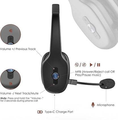 Bluetooth Headset, Trucker Bluetooth Headset with Microphone, 60 Hours Working Time Wireless on-Ear Headset for Computer Cell Phone Trucker Home Office Work (Black)