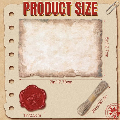Vintage Writing Invitations Set Includes 100 Letter Antique Scroll Rustic Papers 100 Wax Seal Stickers 3 Strands of Twine for Valentines Mother Stationery Old Medieval Cardstock(5 x 7 Inch)