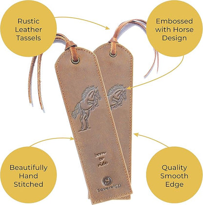 Leather Bookmarks for Men and Women | Quality Mens Bookmark with Jumping Horse | 2 Smooth Handmade Leather Book Markers for Men Women Book Lovers Readers (7x2) Leather Gift | Sovereign-Gear