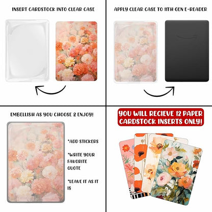 E-reader Cardstock Paper Inserts for Clear Case | 12 pk 4.88 x 6.73” inches Paper White 11th Generation 6.8" Screen Compatible Put Behind Case Colorful Floral Designs Change Out (Design Mix 9)