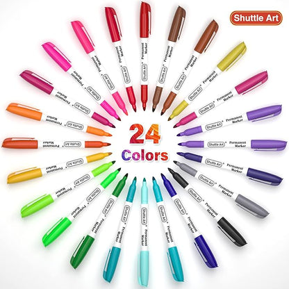 Shuttle Art Permanent Markers, 24 Colors Fine Point Assorted Colors Permanent Marker Set, Works on Plastic,Wood,Stone,Metal and Glass for Doodling, Coloring, Marking