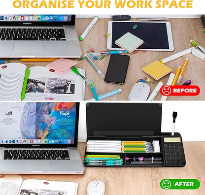 Desktop Glass Whiteboard with Calculator(12 Digit LCD Display) & Ruler Marker,Tilted Notepad Computer Keyboard Stand with Black Dry Erase Board Surface, Desk Organizers with Accessories,Black