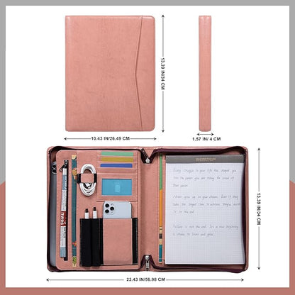 Business Vegan Leather Folder with Clipboards, Portfolio Binder Organizer, Business Portfolio for Men/Women, Zipper Portfolio Notebook, Binder with clipboard, Personalized Gift for Friends, Pink