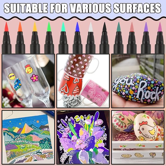 SMOOTHERPRO 12 Acrylic Paint Pens, Brush Tip (1-6mm) Acrylic Paint Markers, Fabric Markers for Textile, Canvas, Rock, Glass, Wood, Paper, Pumpkin, DIY