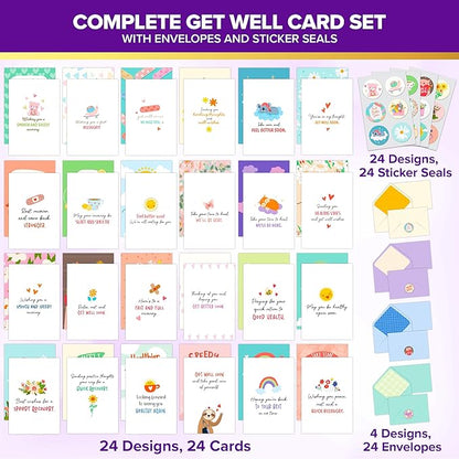 Decorably 24 Pack 4x6in Cute Get Well Cards Assortment Box with Envelopes and Stickers, 24 Unique Designs Get Well Soon Cards with Printed Message Inside