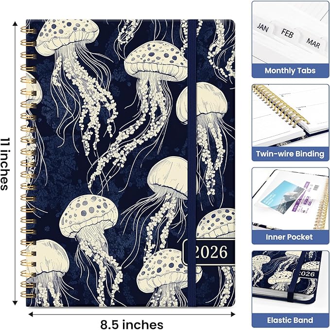 2026 Planner, Aesthetic Weekly and Monthly Planner for Women, Jan 2026 to Dec 2026, Hardcover 2026 Calendar Book with Monthly Tabs, Inner Pocket, Perfect for Office Home School - A4 (8.5" x 11"), Midnight Jellyfish
