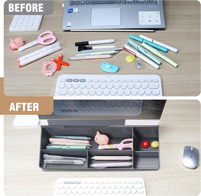 SELEAD Desktop Glass Whiteboard with Organizer, Markers, Eraser, Holder - Small Dry Erase White Board Computer Pad Keyboard Stand for Home, School, Office Desk Accessories - Grey