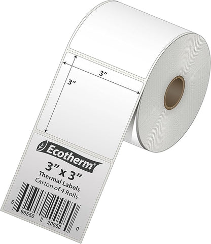 3" x 3" Thermal Labels | 4 Rolls | 2100 Labels | fits Zebra, Munbyn, Rollo, Godex, Arkscan, iDPRT, Offnova Thermal Label Printers and More | Blank White Adhesive Stickers by Ecotherm