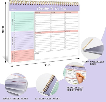 Weekly To Do List Notepad with Priorities,Follow Up 8.5"×11" 12 Monthes Undated Weekly Desk Planner Organizer for School,Office Supplies,Family
