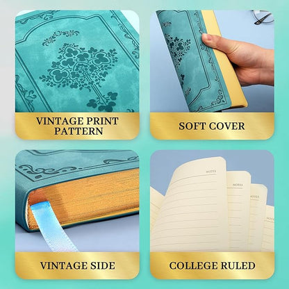 CAGIE Vintage Leather Journal for Women Soft Cover Notebook with 256 Lined Pages 100 GSM Thick Paper A5 College Ruled Journals Notebooks for Writing, 5.7 x 8.3 in, Blue