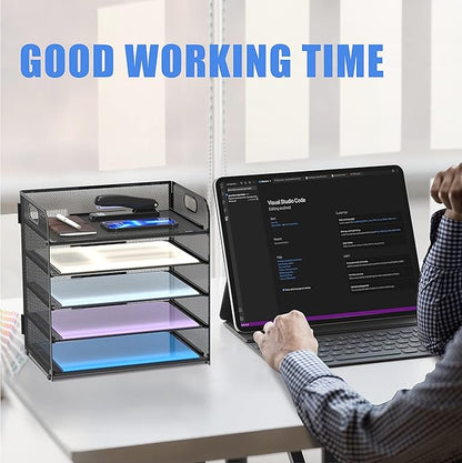 2 Pack 5-Tier Desk Organizer with Handle Mesh Desk File/Paper Organizer Letter Tray for Office, School and Home Easy Installation,Black