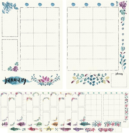 Undated Monthly Calendar Planner Stickers Compatible with A5 Bullet Dot Grid Journals (5.3 x 7.7") - 12-Month Calendars Cute Floral Illustrations, Flower Journal Supplies, Templates, Agenda Layouts
