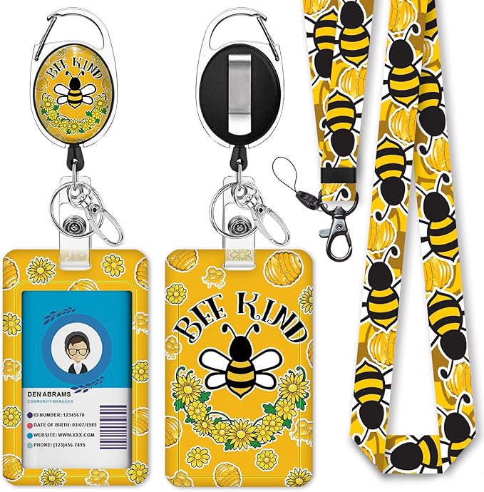 Cute Bee Kind Lanyards for Id Badges, Fashionable Badge Reel Heavy Duty with Carabiner Clip, ID Badge Holder with Lanyard, Nurse Teacher Office Gifts