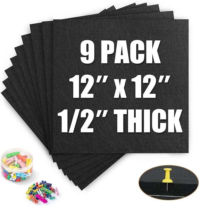 AKTOP Black Cork Bulletin Board 12x12, 1/2" Thick Felt Cork Board Tiles 9 Pack, Small Square Pin Board for Wall, Self Adhesive Corkboards with 120 Push Pin Wood Clips for School, Home & Office