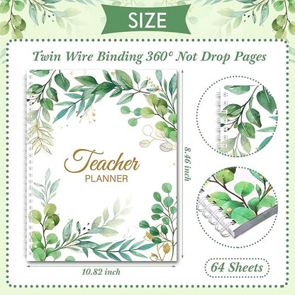 Eucalyptus Teacher Planner Undated Academic Year Teacher Lesson Planner Book Green Plants Daily Weekly Monthly Spiral Planner Checklist Organizer with Stickers for Classroom, 8.5'' x 11''