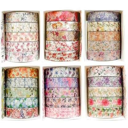 YUBX Flowers Washi Tape Set 30 Rolls Floral Patterns Decorative Skinny Slim Masking Tapes for Arts, DIY Crafts, Journals, Planners, Scrapbook, Wrapping (Blossoms Flourish)