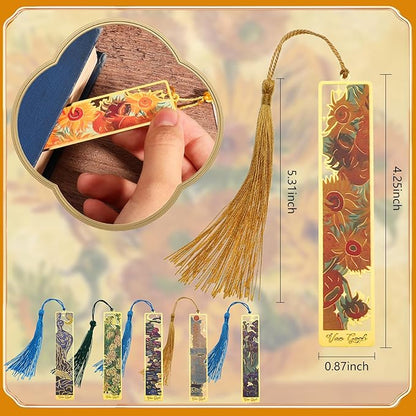 6pcs Metal Bookmarks with Tassel, Van Gogh Oil Painting Theme Vintage Bookmarks, Book Lover Gifts for Women, Golden Hollow Bookmarks, Fancy Aesthetic Bookmarks for Book Lovers, Stocking Stuffers