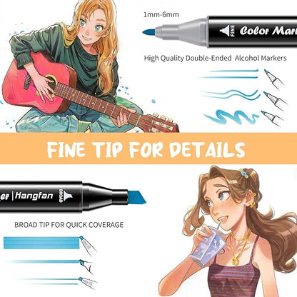 24 Colors Coloring,Markers for Kids,Dual Brush Tip Markers,Give 1 White Highlighter,1 Tracing Pen,Drawing, Sketching, Card Making and Illustration (Black Pen Container)