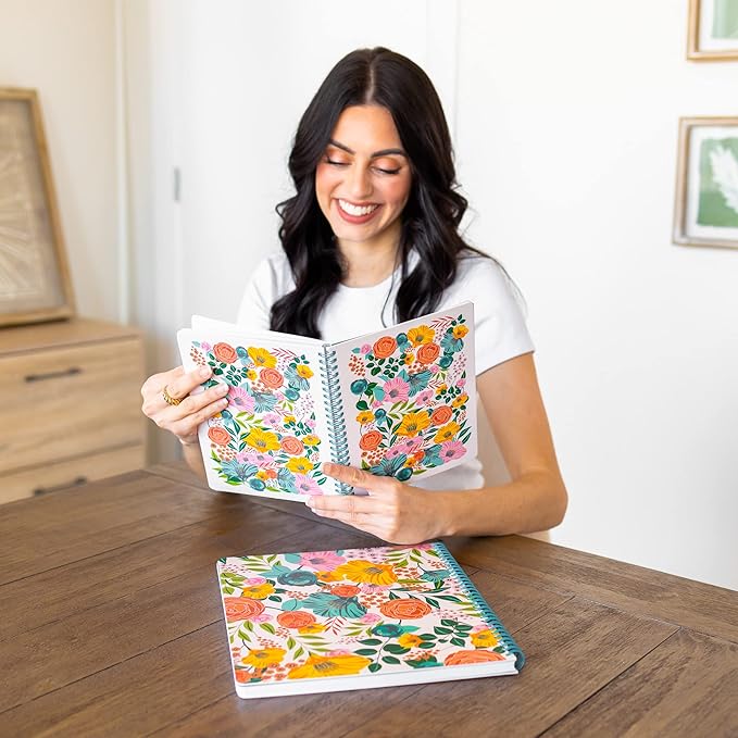 Steel Mill & Co Cute Floral Mini Spiral Notebook, 8.25" x 6.25" Journal with Durable Hardcover and 160 Lined Pages, Garden Blooms (Cream)
